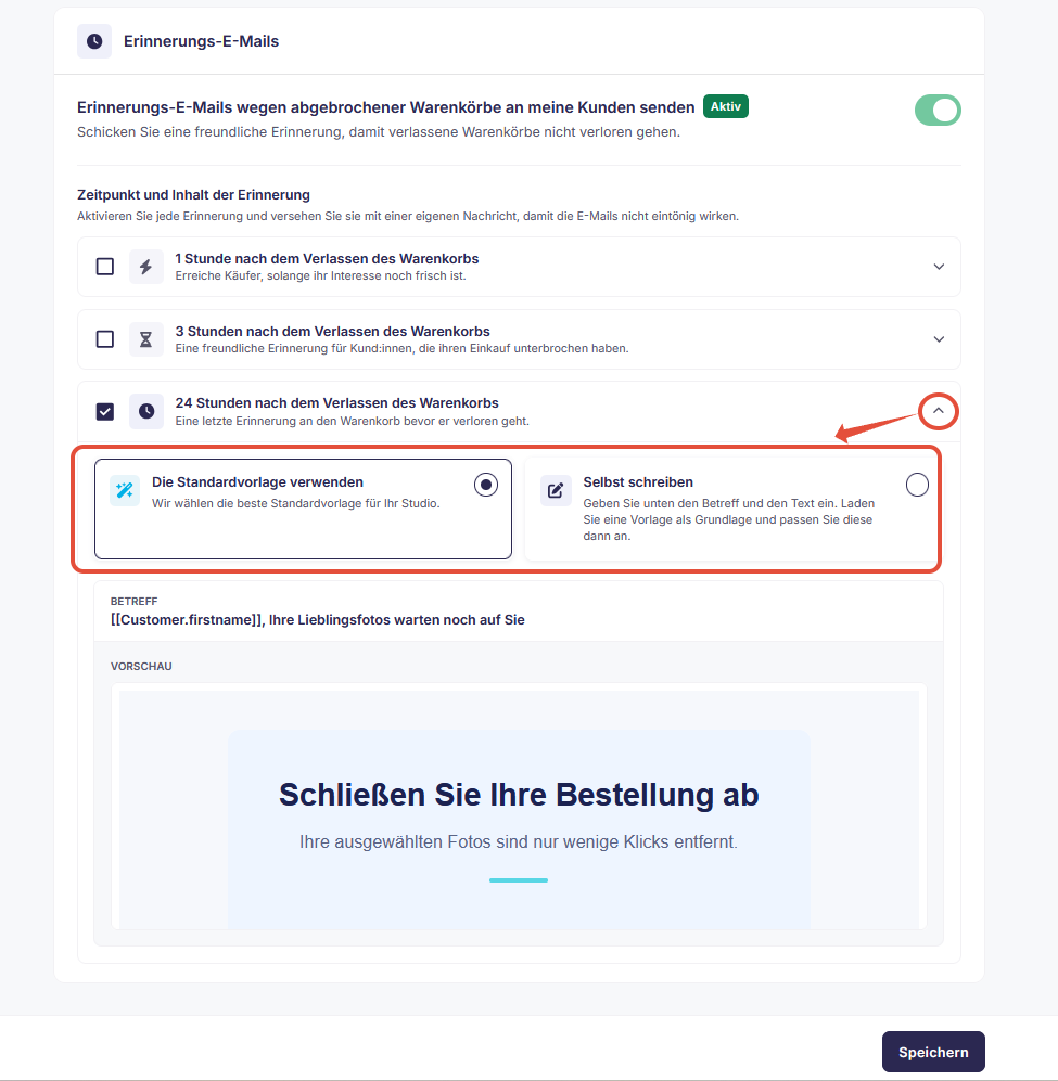 Optionen zur Auswahl einer Standardvorlage oder eigenen Vorlage