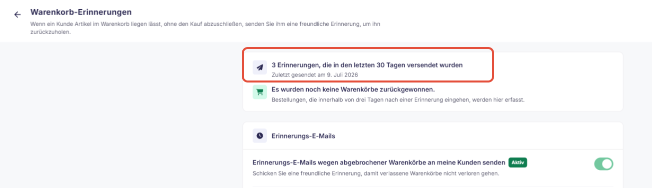 Statistik zu versendeten Erinnerungen und zurückgewonnenen Warenkörben