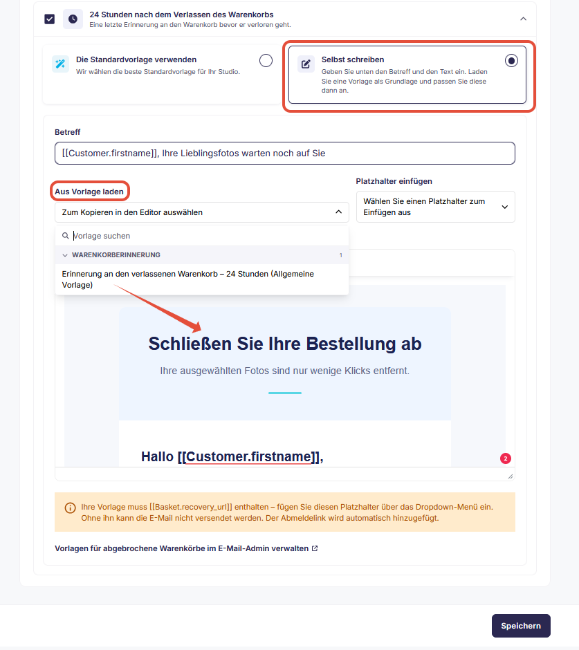 Editor zum Anpassen einer Erinnerungs-E-Mail-Vorlage