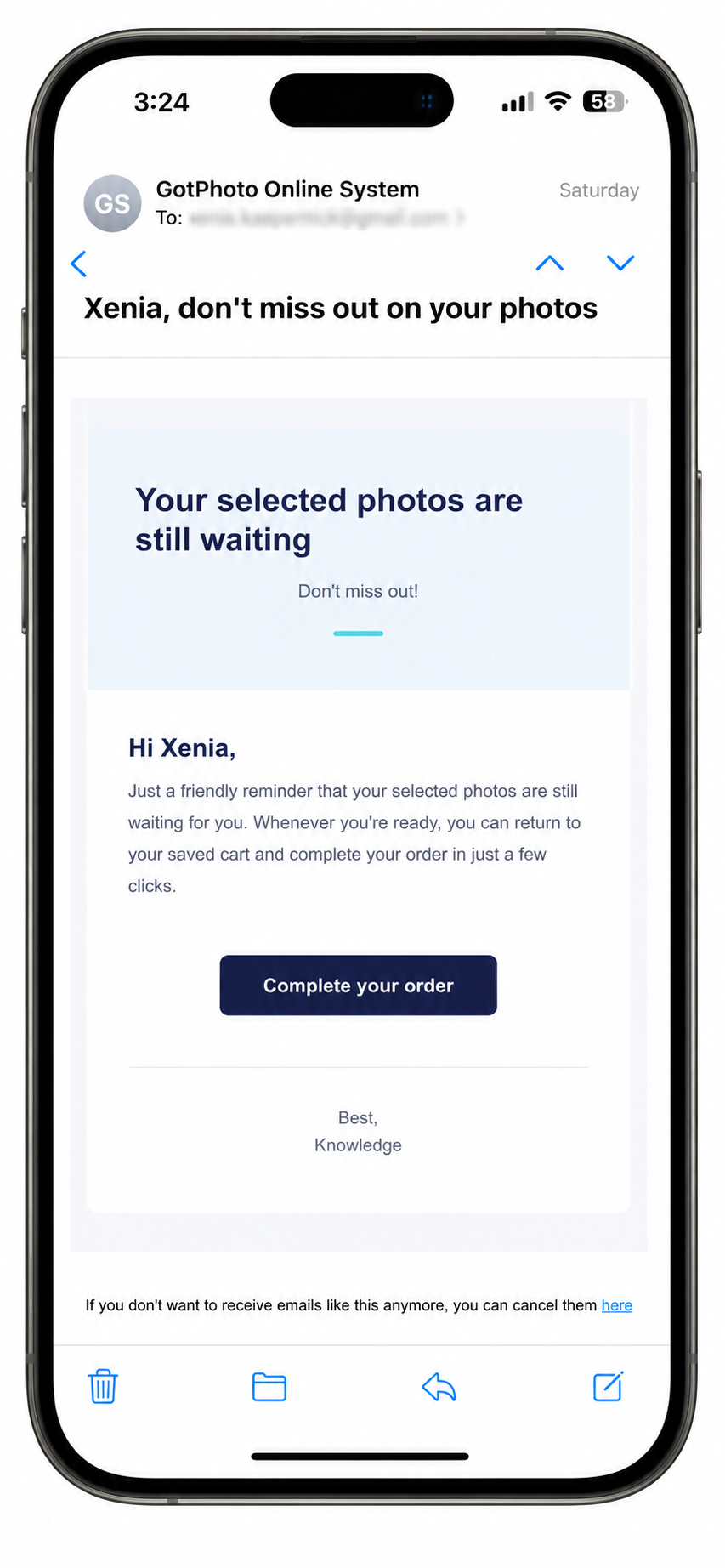 Mobile view: Cart reminder