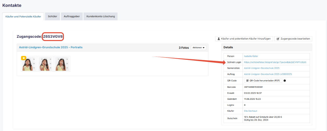 Schnell-Login-Link in den Details des Zugangscodes