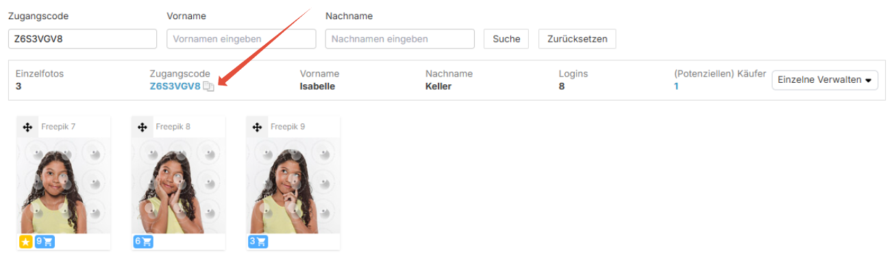 Zugangscode im Tab Fotoverwaltung