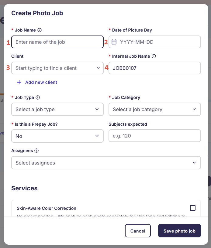 Job creation form showing fields for job name, date of picture day, and client selection.