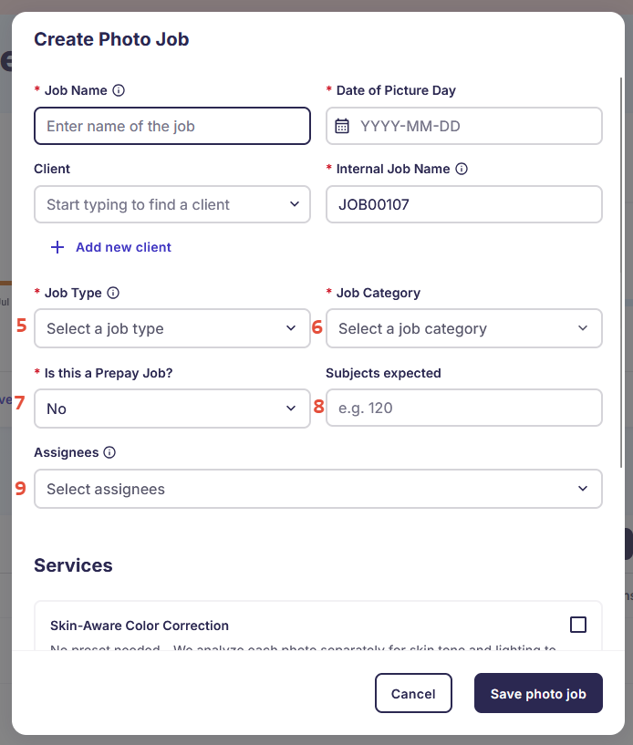 Job setup fields: Job Type (School and Preschool), Internal Job Name, and Subjects expected.