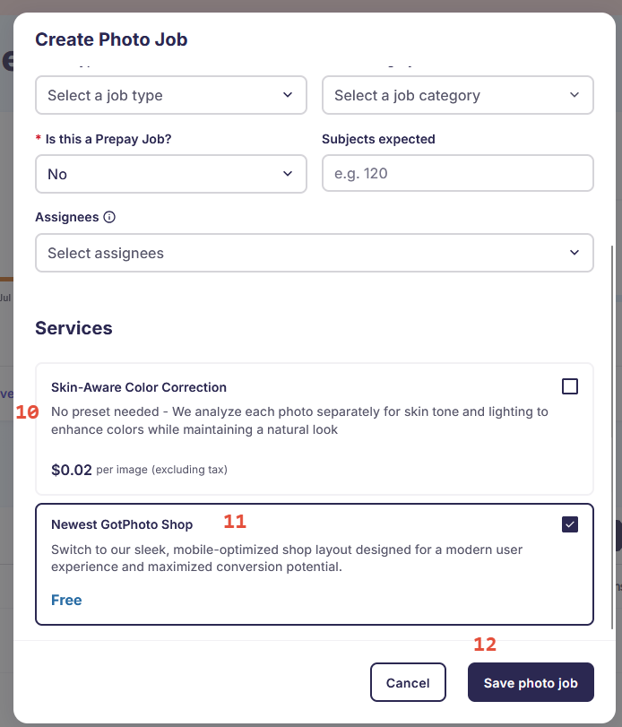 Job options: 'Online shop 2025 edition' checkbox, 'Prepay' option, and 'Assignees' list.