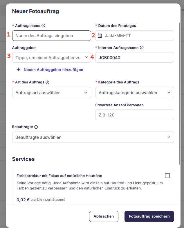 Formular zur Eingabe der Auftragsdetails
