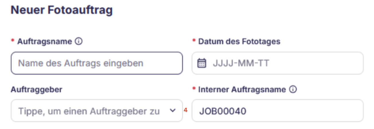 Auftragsformular mit weiteren Einstellungsfeldern