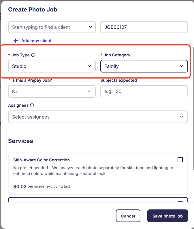 Create New Job form highlighting required fields