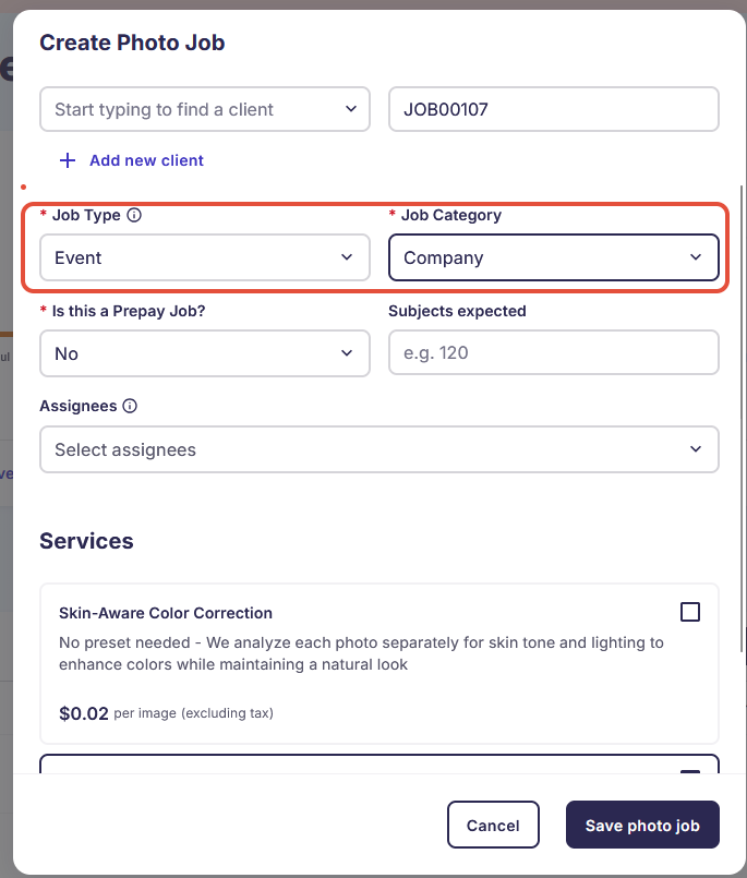 Job creation form with fields filled in