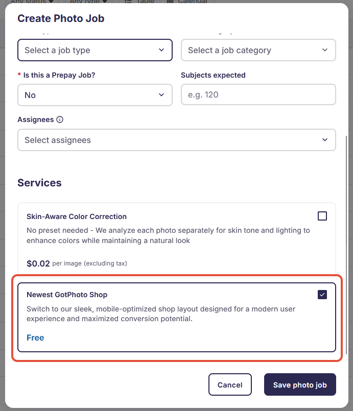 The GotPhoto job settings page, with checkbox to select 2025 Edition