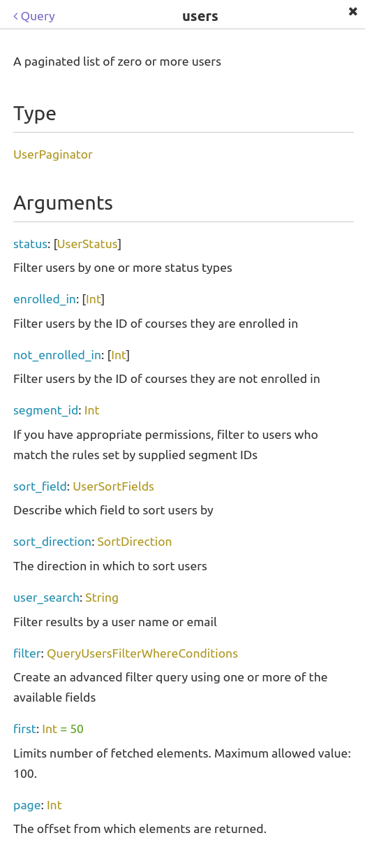 User query argument list