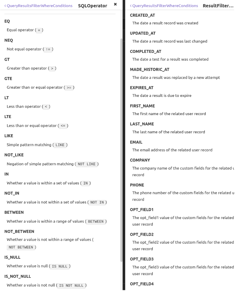Filter operators and fields