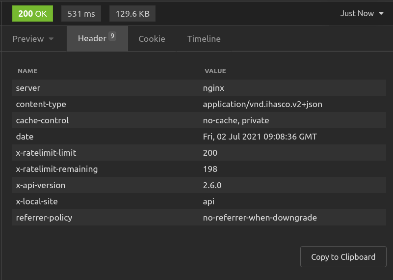 Response headers showing rate limiting infomation