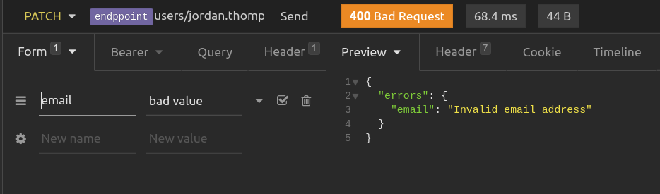 A PATCH user request which has failed validation