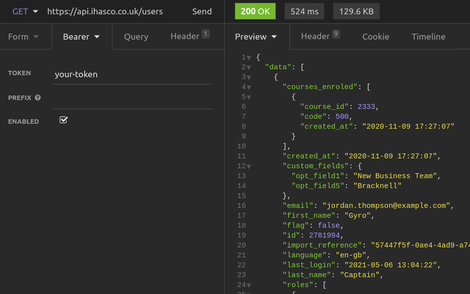 A GET users request showing access token
