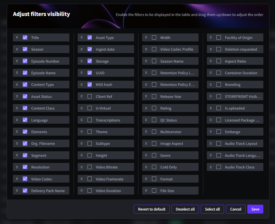 Different filter types, including value entry and predefined lists