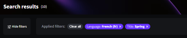 The Hide filters and Show filters options beneath the Search Results heading