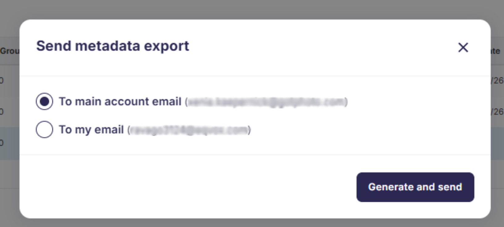 Dialog for sending a metadata export with options to send it to the main email address or the current user's email address