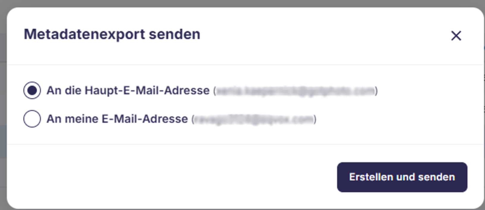 Dialogfenster zum Senden eines Metadatenexports