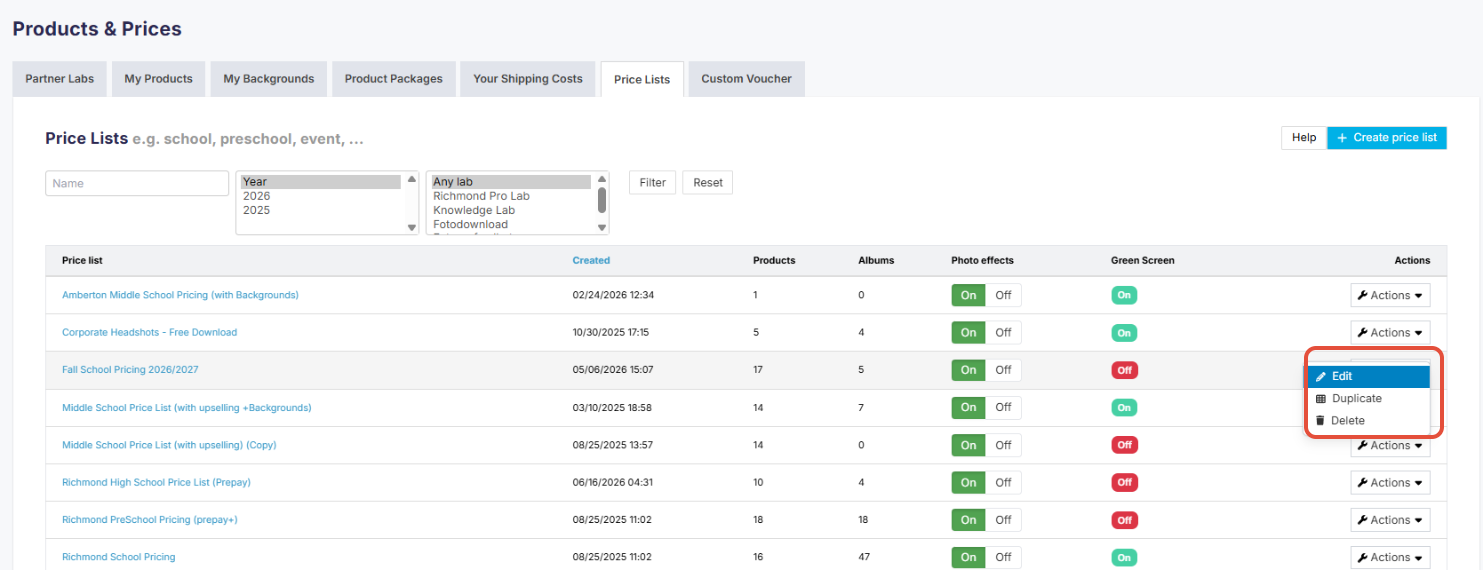 Open a price list via Actions then Edit