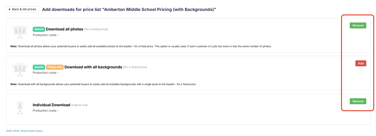 Dialog to add a download product and other sizes