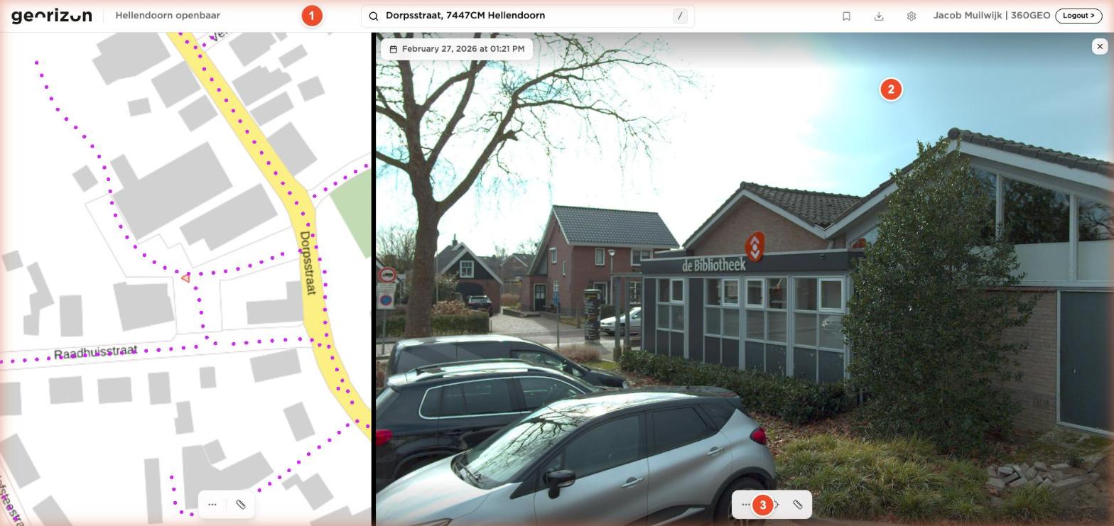 Schermindeling van de Argos-viewer met genummerde onderdelen