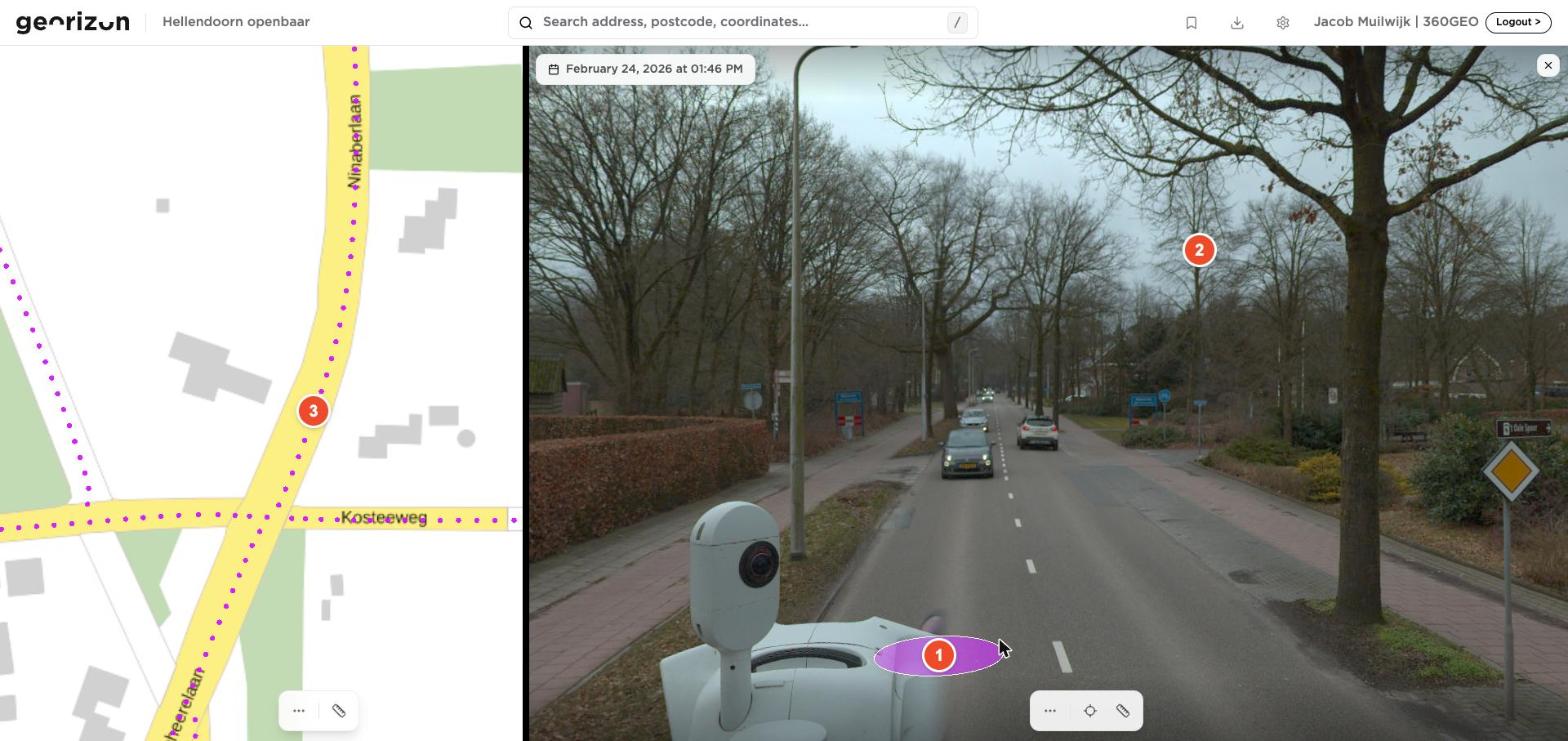 Panoramaweergave met de fotobol, het beeldvlak en de positie op de kaart