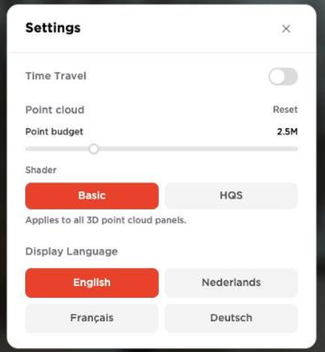 Het venster Settings met Time Travel, Point cloud en Display Language
