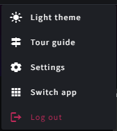 The user menu open, showing Light theme, Tour guide, Settings, Switch app, and Log out options