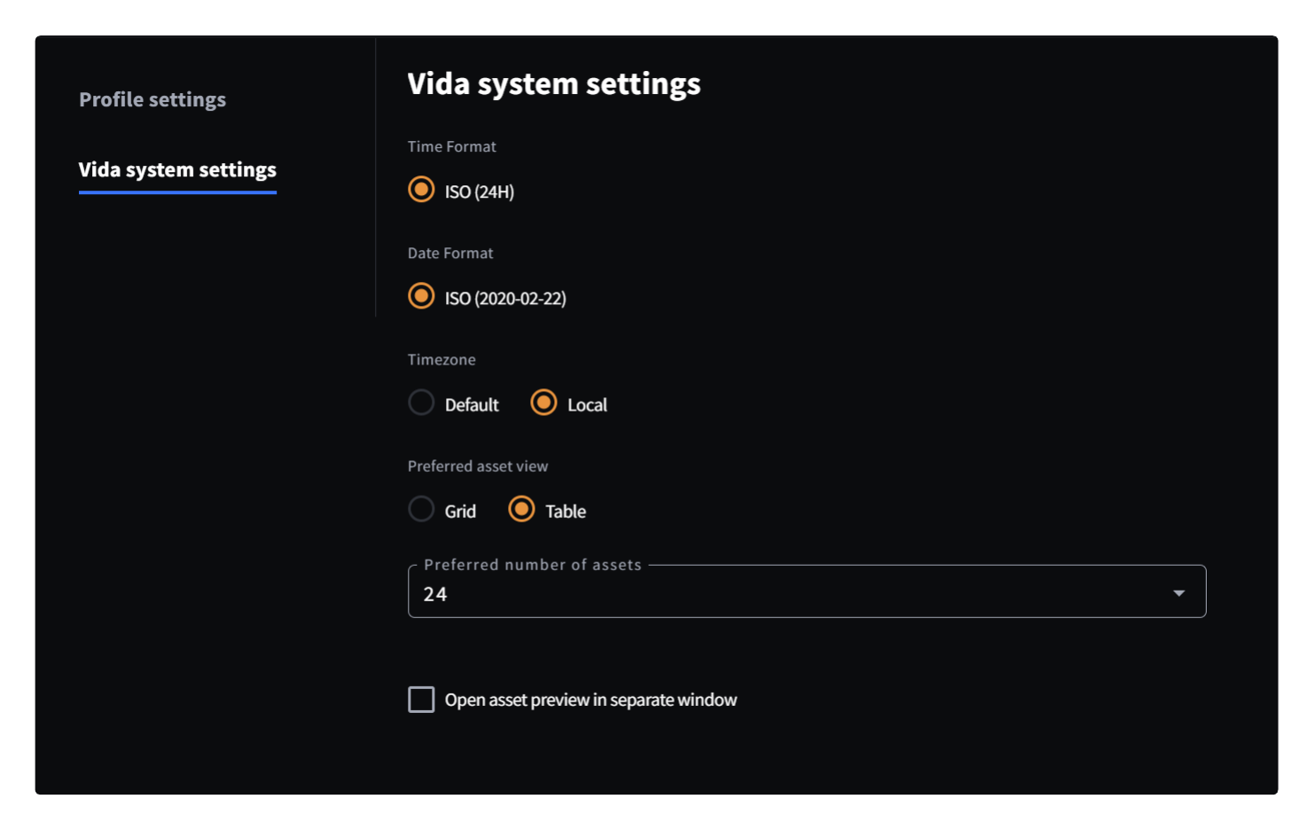 The Vida system settings screen, showing time format, date format, timezone, preferred asset view, and other display preferences