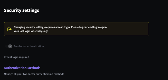 The Security Settings screen, showing the fresh-login banner and Authentication Methods section