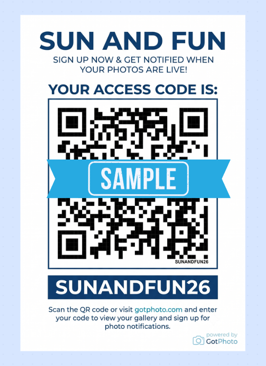 Example event flyer with a QR code attendees can scan to register for gallery notifications or access the gallery later.