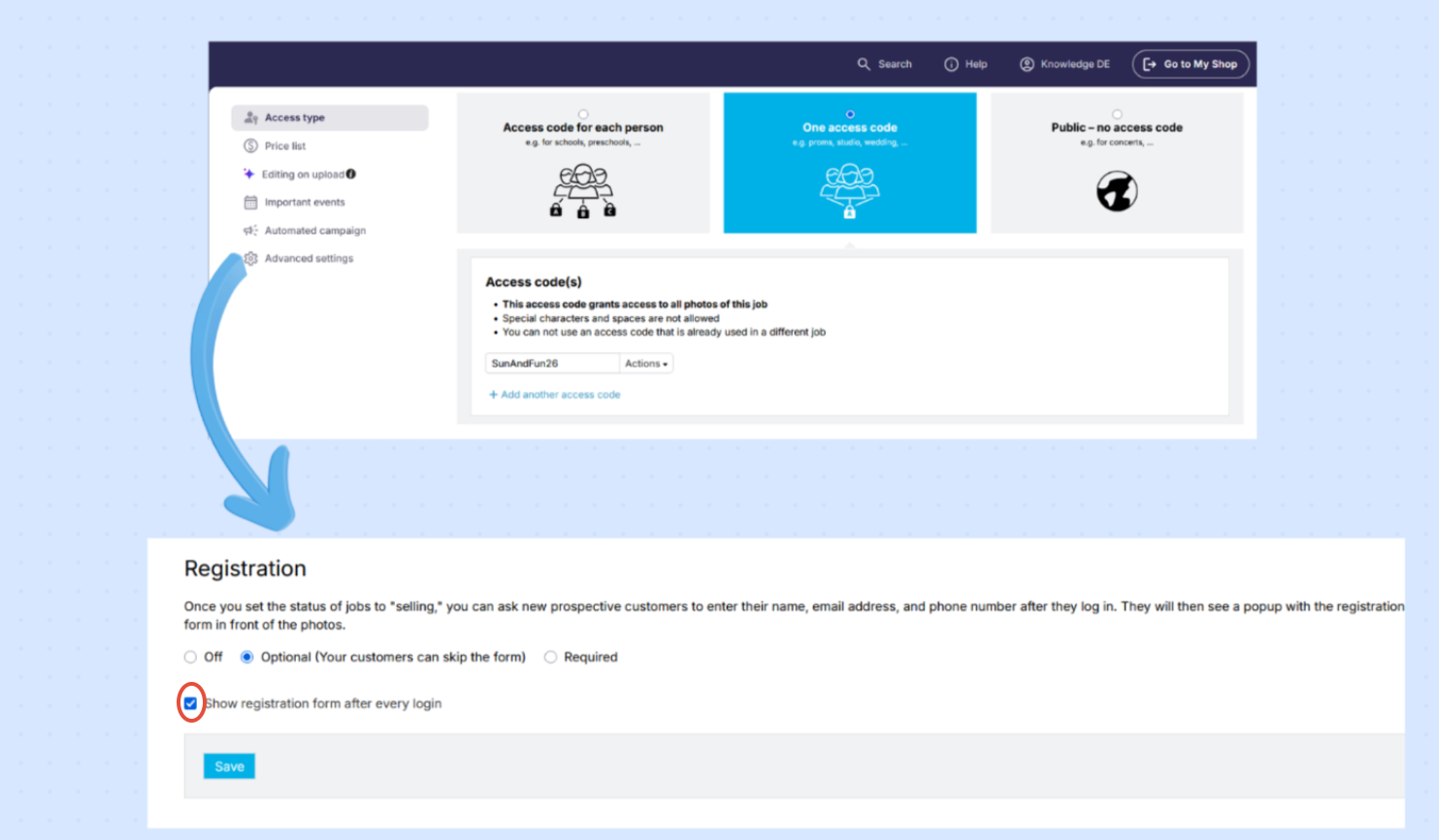 Advanced Job Settings showing Registration enabled and configured to appear after every login.
