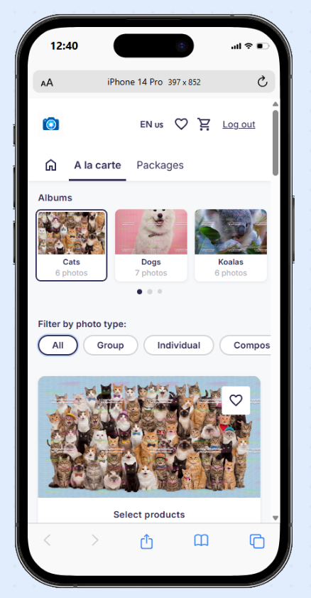 Gallery showing the album carousel and photo type filters for browsing event photos.