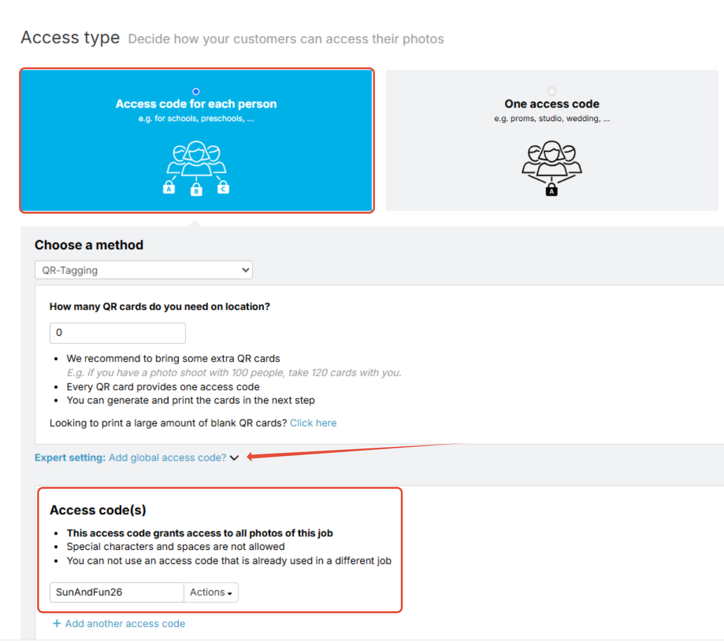 Job settings showing how to create a Global Access Code using the Access code for each person workflow.