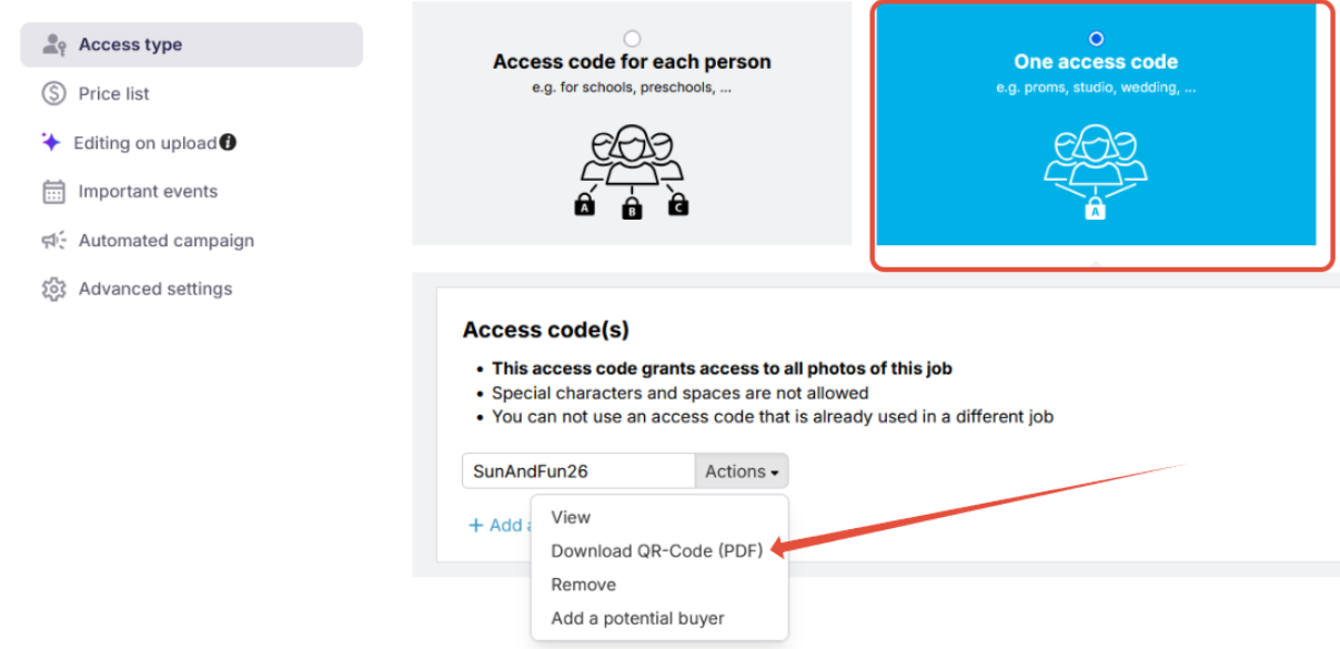 Shared access code settings showing the access code and downloadable QR code PDF.