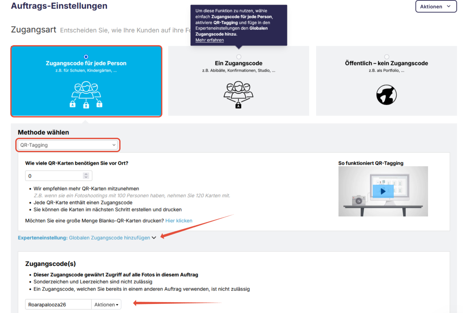 Einstellungen für einen globalen Zugangscode.