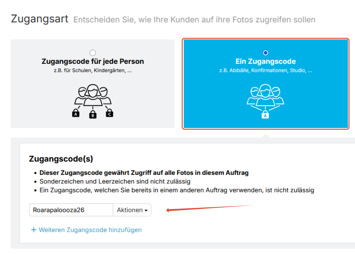 Einstellungen für Ein Zugangscode.