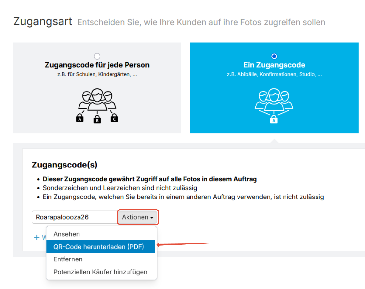 Gemeinsamer Zugangscode und QR-Code-PDF.