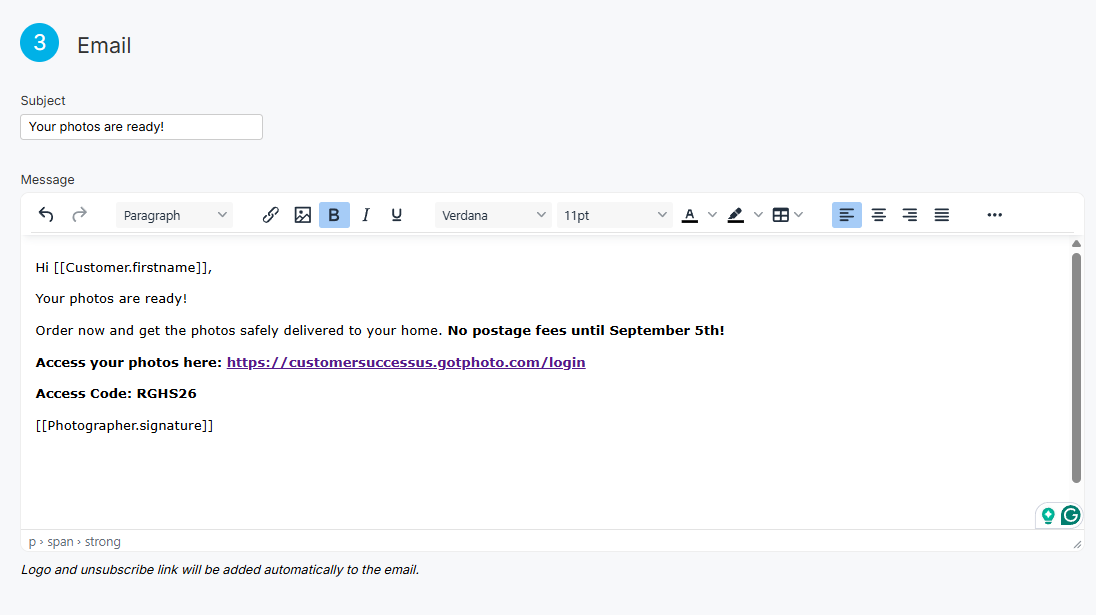 Example of email with shop link and the job's access code