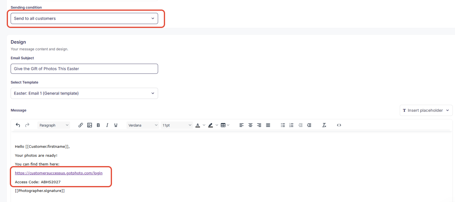 Newsletter creation screen with all customers selected and direct login link in email body.