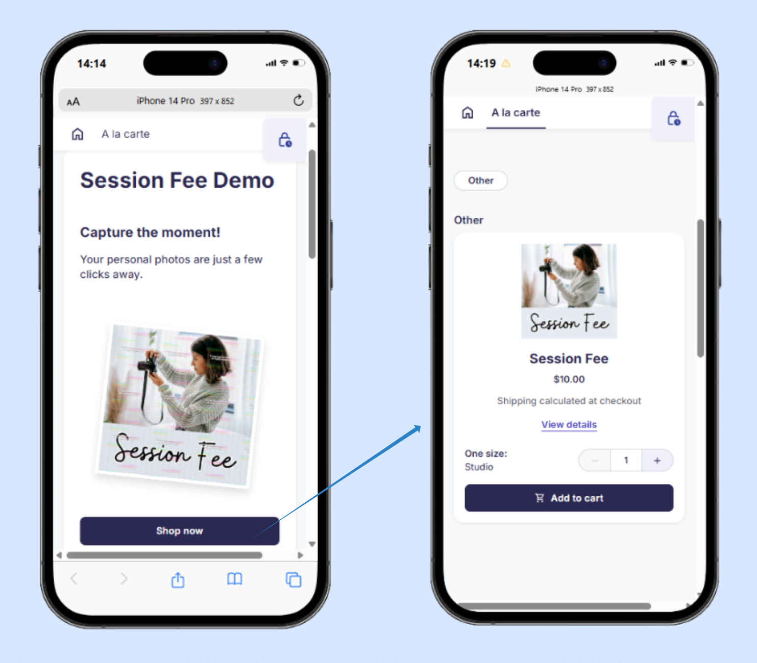 Mobile customer view of the Session Fee shop page
