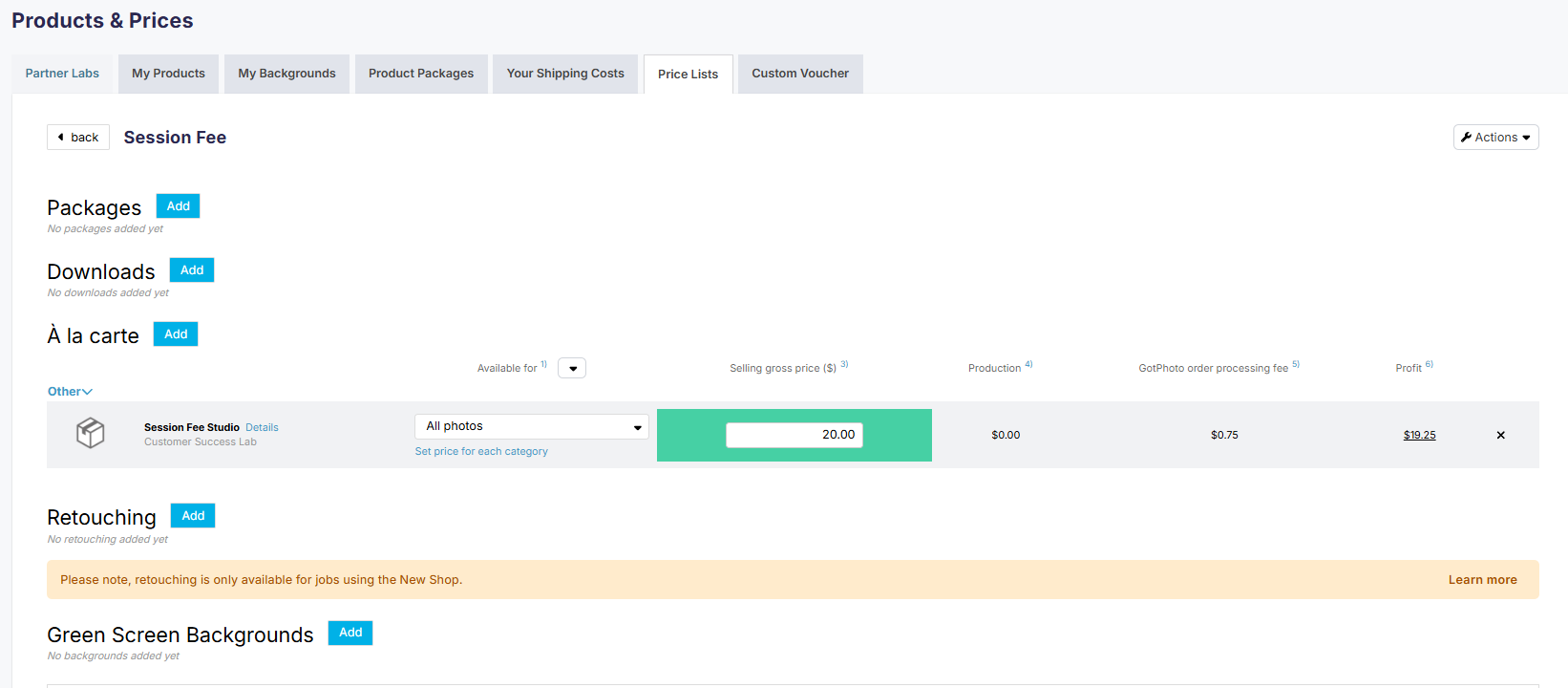 Session Fee product added to a price list