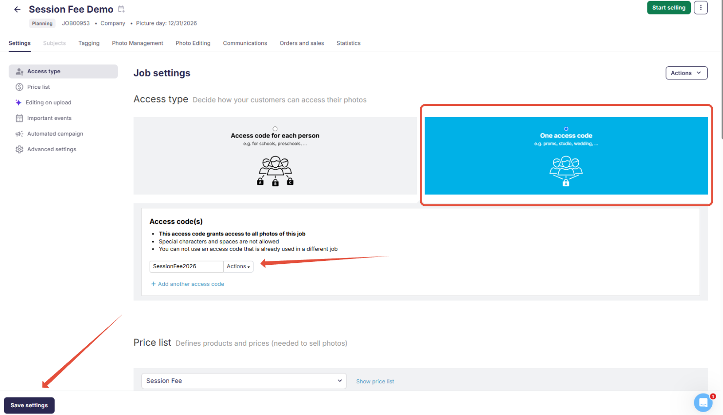 One Access Code job with the Session Fee price list selected