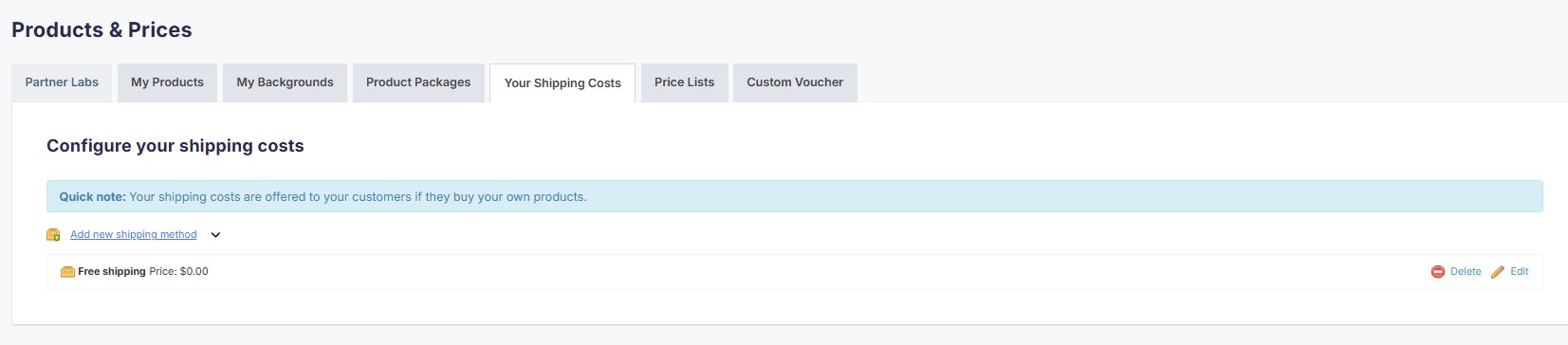 Free shipping configured in the price list