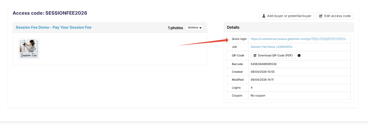 Quick Login link on the access code overview page