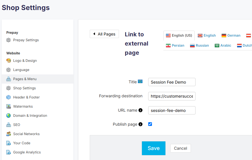 External shop page configured for session fee payments