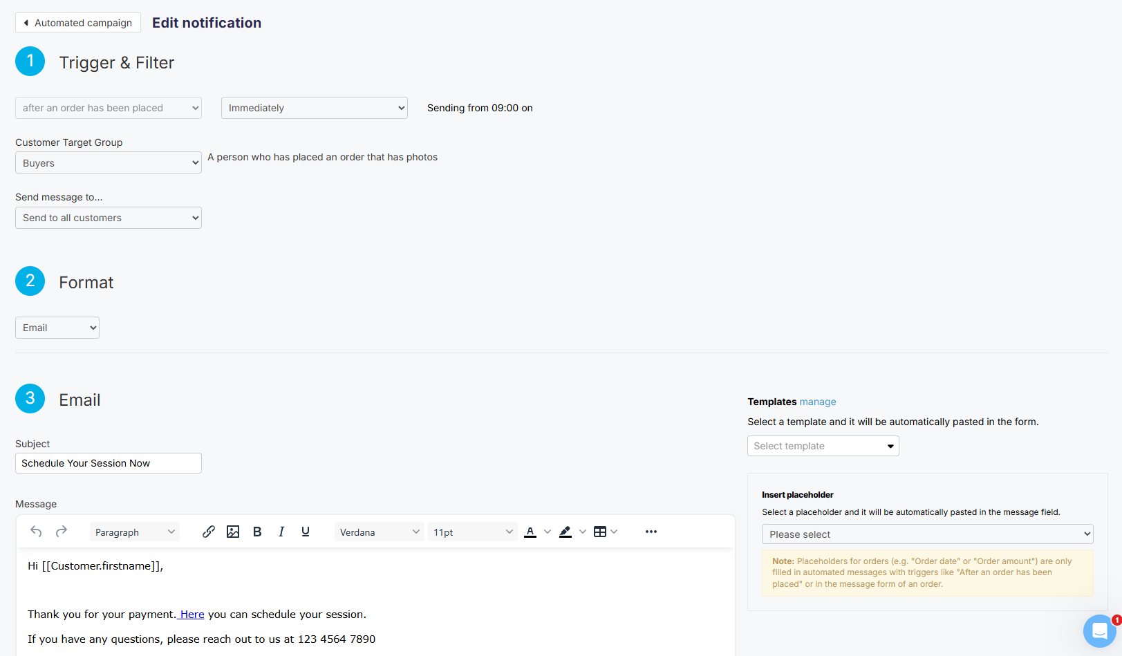 Automated campaign notification for session fee buyers