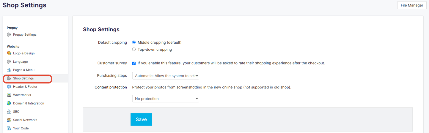 Screenshot of the Shop Settings page