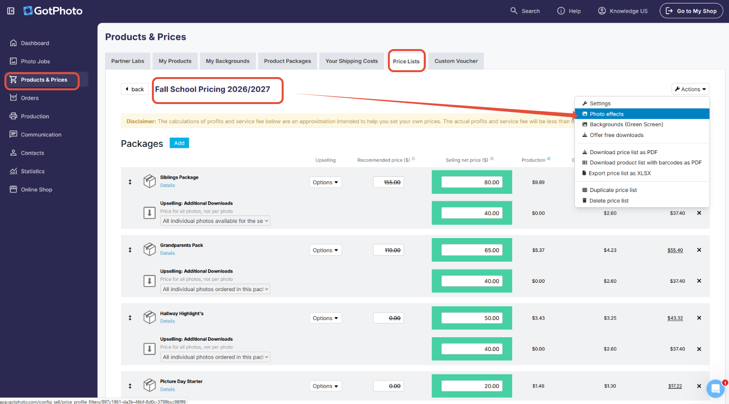 Actions menu with Photo effects option in a price list